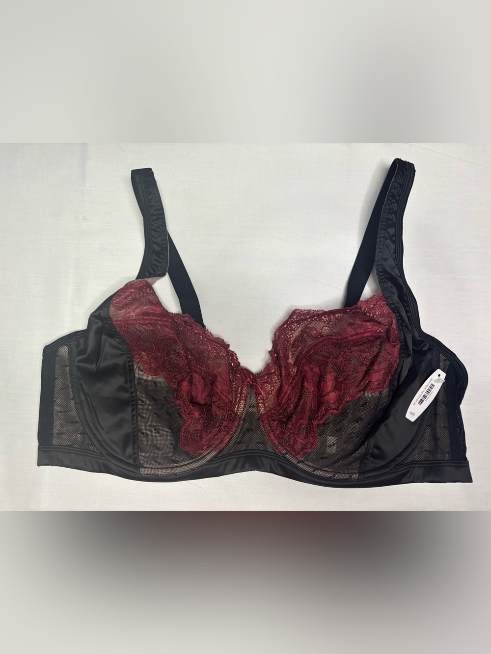 Adore Me Burgundy Lace Underwire Bra with Black Mesh